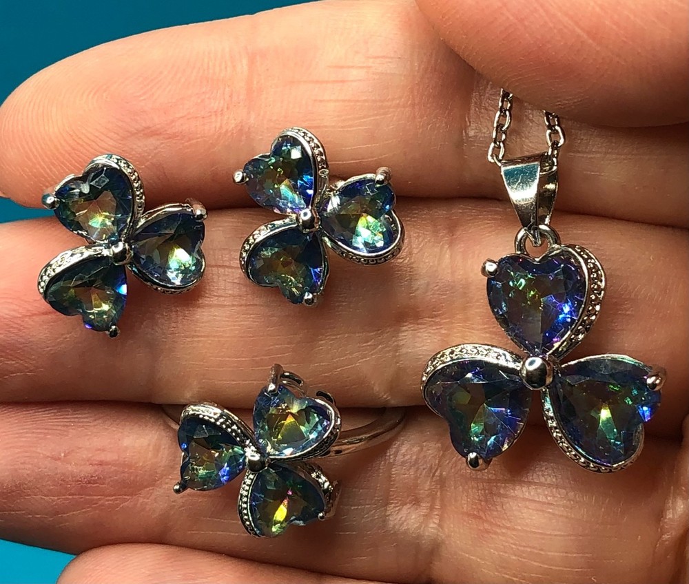 3 pc Set Clover Mystic Topaz Ring sz8 Pendant 20