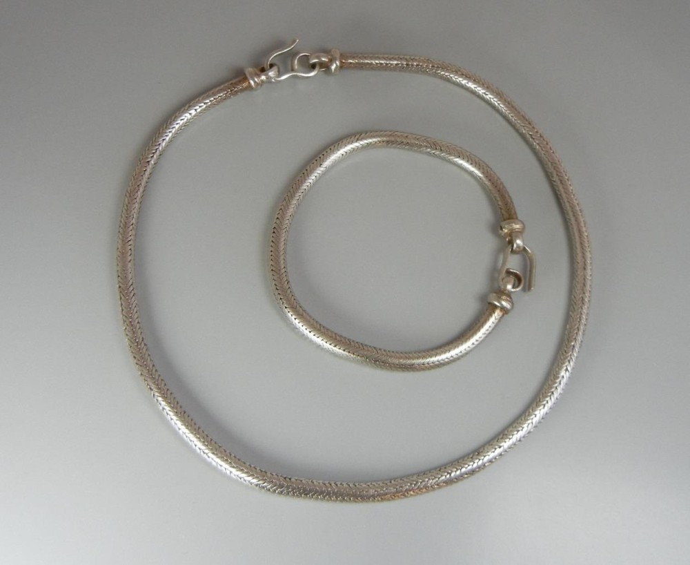 Bali Necklace Bracelet Set Sterling Silver Wheat Snake Chain Indonesia 95 Grams