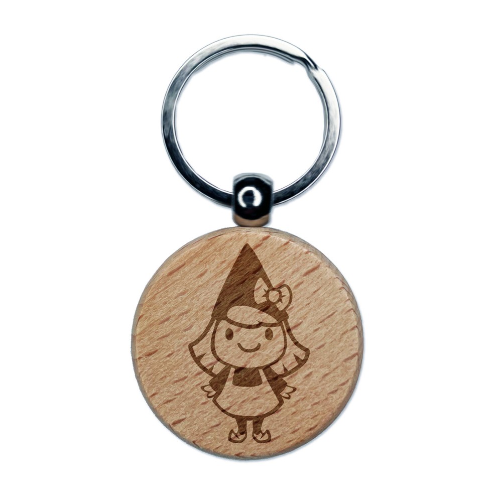Cute Little Lady Gnome Engraved Wood Round Keychain Tag Charm