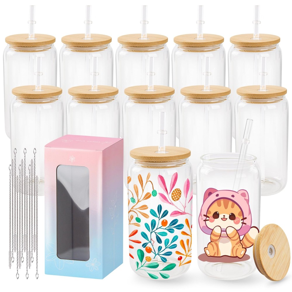 12-Pack Sublimation Glass Cups with Lids & Straws – 16oz Clear for Custom Designs