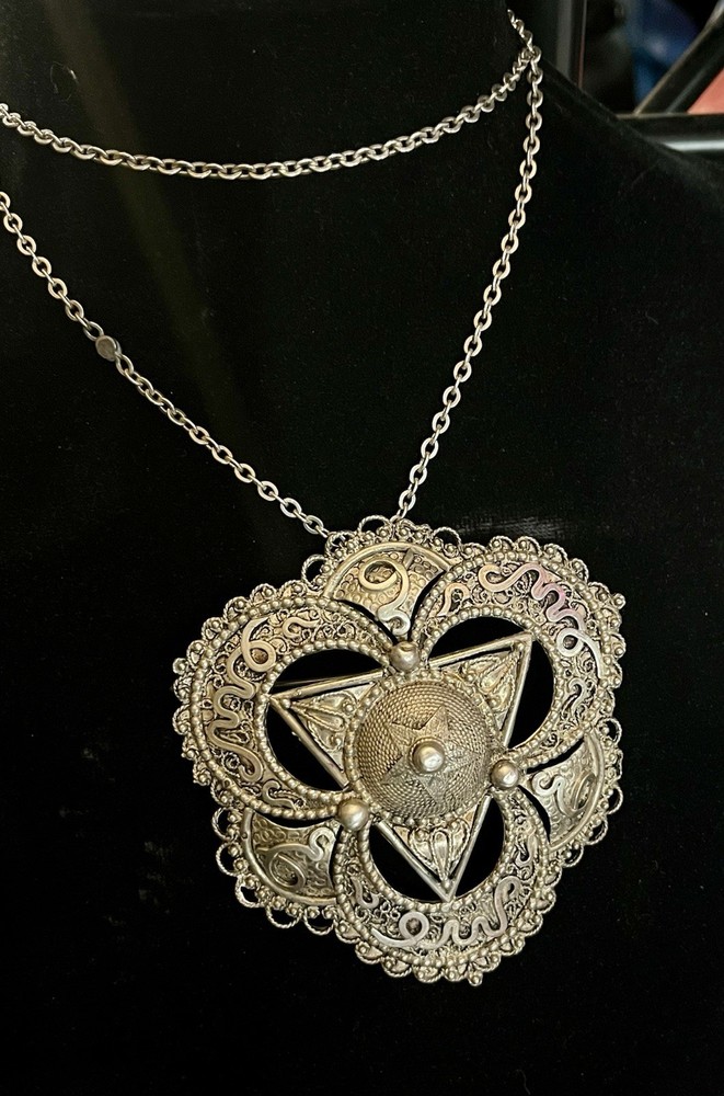 Art Nouveau Persian Islamic Sterling Silver Filigree huge pin necklace 63g