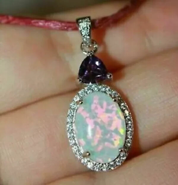 3Ct Oval Cut Fire Opals Diamond Halo Pendant Free Chain 14K White Gold Finish