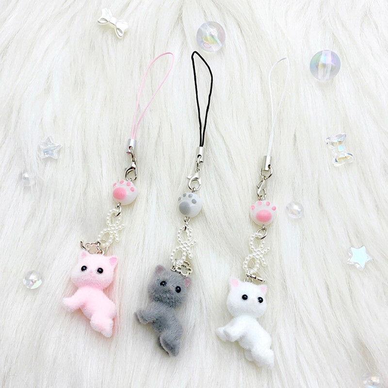 Cute Cartoon Flocking Cat Phone Lanyard Keychain Pendant