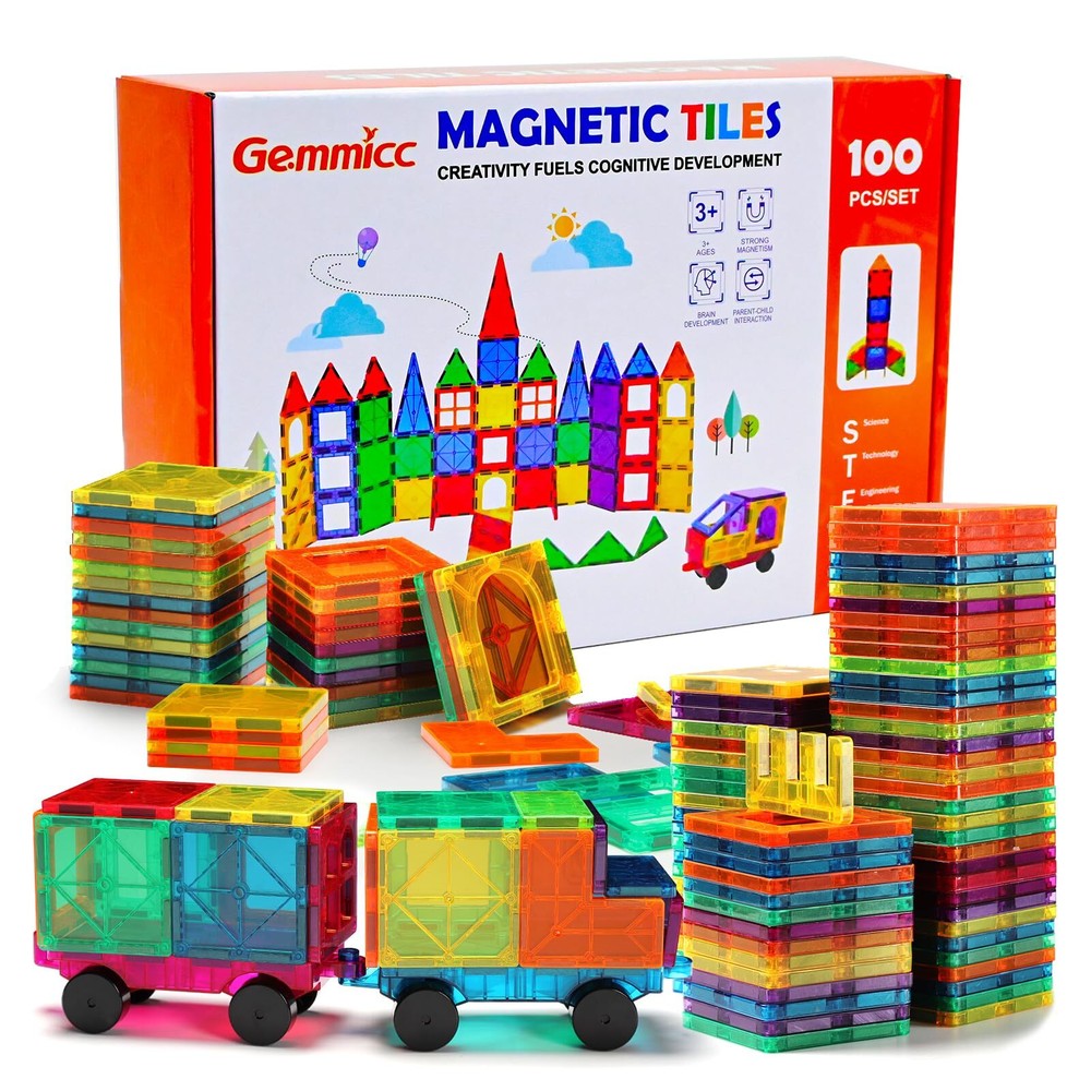 Gemmicc Magnetic Tiles 100 PCS w/ 2 Cars, STEM Approved Educational Magnet Bu...