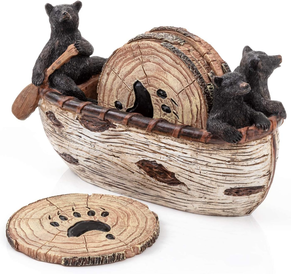 6 Rustic Coasters in Handmade Canoe with Black Bear Figurine