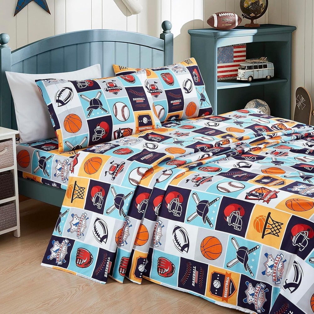 4-Piece Kids/Teens My Sports Sheet Set - Soft Microfiber Navy Blue Gray Queen Si