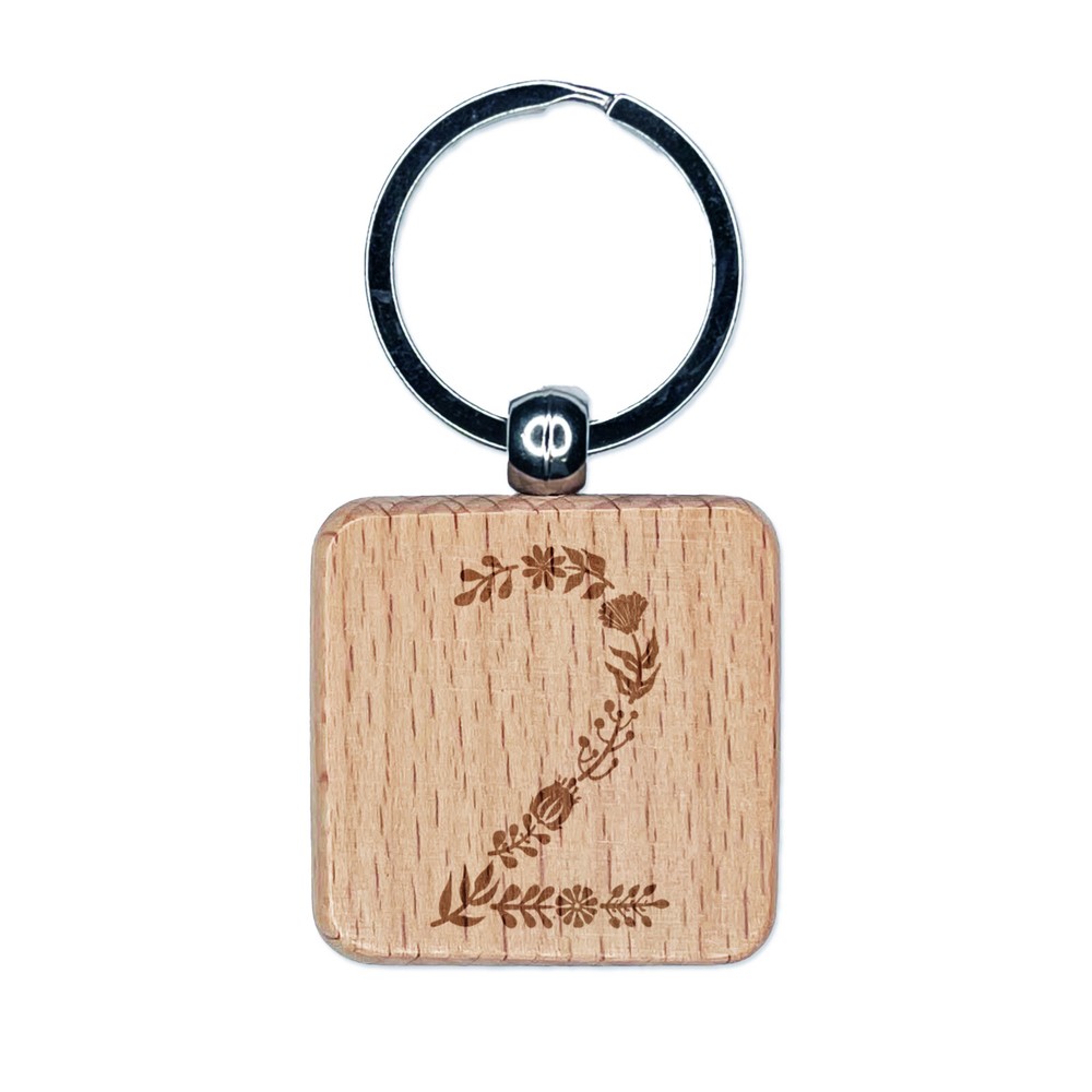 Elegant Floral Engraved Wooden Square Keychain Tag with Number 2 Design