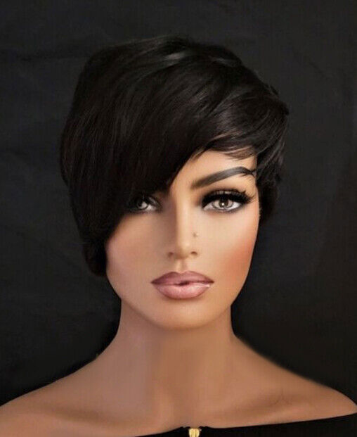 Women Pixie Cut Wig Human Hair Wig With Bangs Short Straight Black None Lace Wig