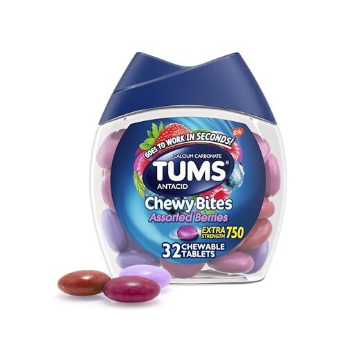 TUMS Chewy Bites Antacid Tablets for Chewable Heartburn, Assorted Berries, 32pcs