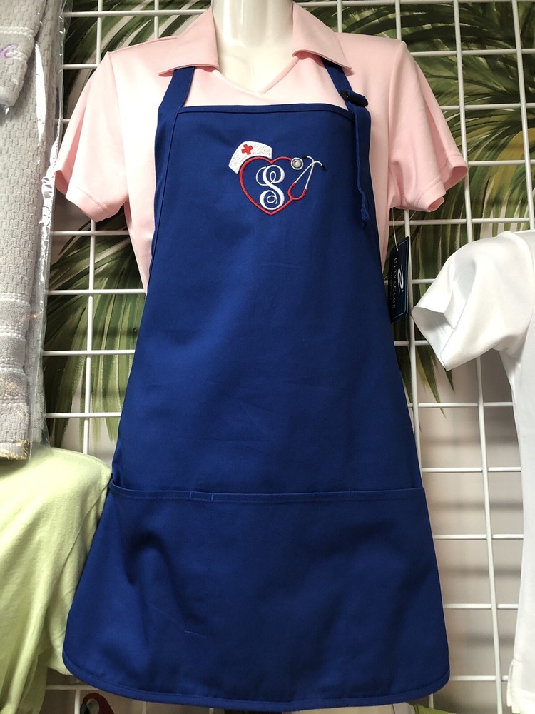 Custom Navy Nurse Apron with Heart Stethoscope Design-image