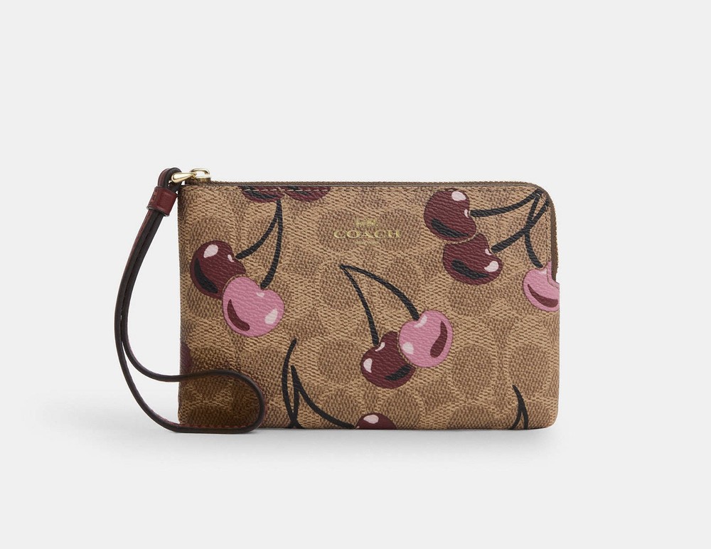 Coach CZ450 Cherry Print Wristlet with Corner Zip in Signature Canvas & Leather NWT $88