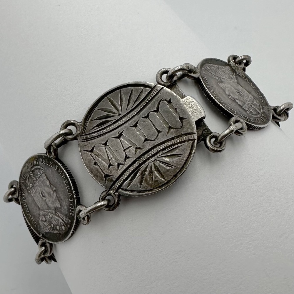 ANTIQUE EDWARDIAN ENGRAVED MAUD STERLING SILVER 1902 COIN LOVE TOKEN BRACELET