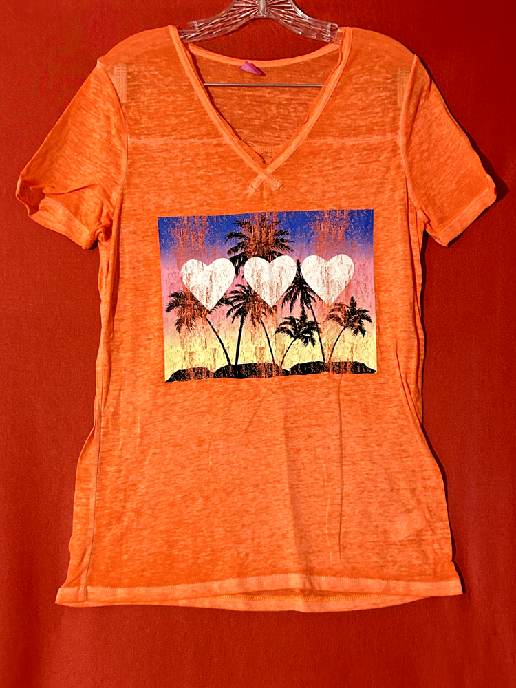 Hard Candy Womens T-Shirt L 11-13 Orange Ultra Thin Fabric Graphic Print Island