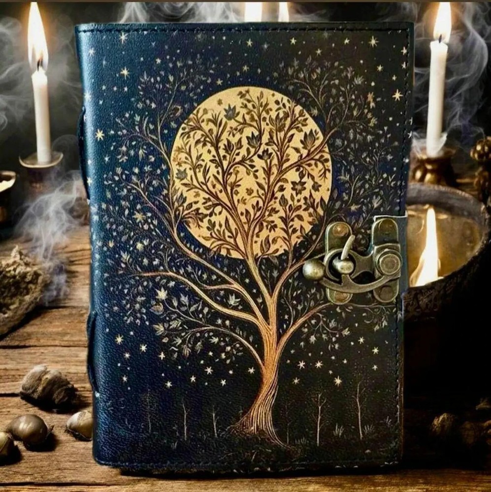 Grimoire leather journal, Print Tree of Life Journal, Blank spell book book