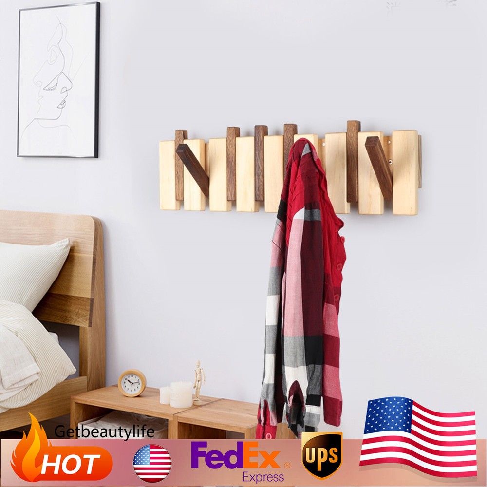 Wooden Wall-Mounted Coat Rack with Flip-Down Hooks for Clothes Storage