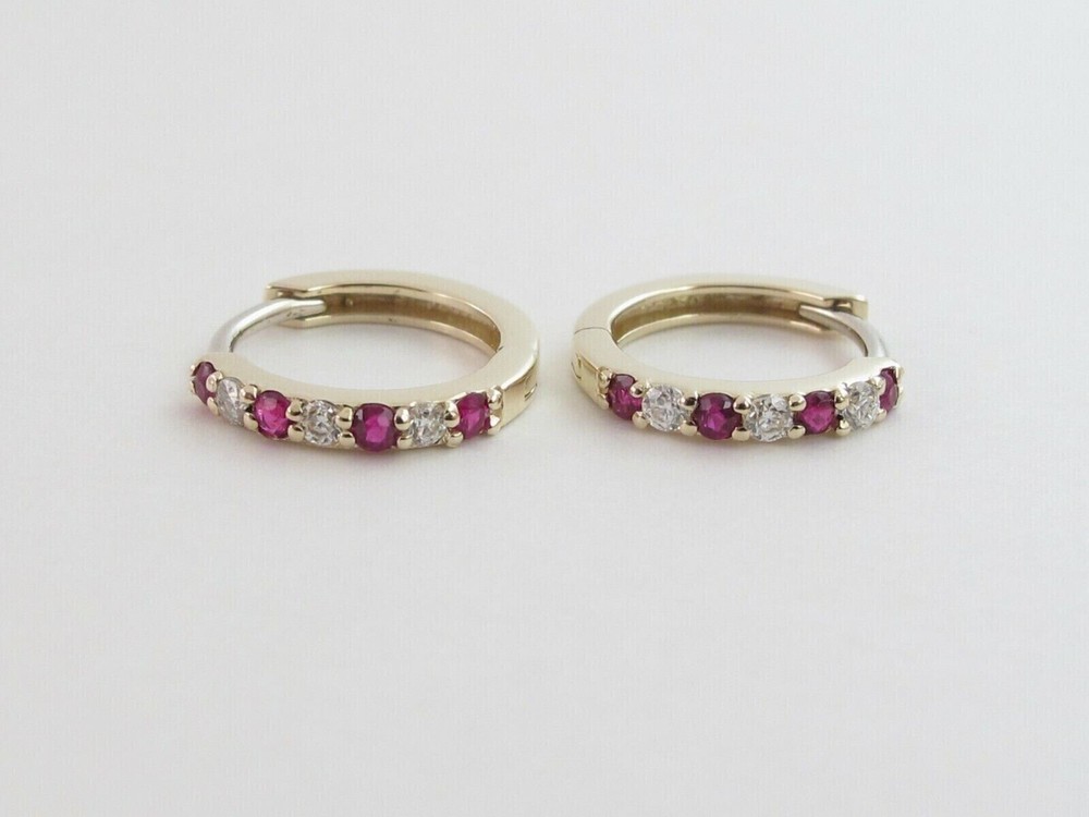 Stunning 14k Gold Plated Pink Simulated Ruby Huggie Hoop Earrings  