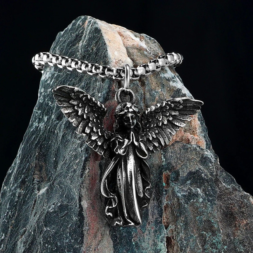 Stainless Steel Praying Angels Necklaces Wings Pendants Men Women Chain Cute 23