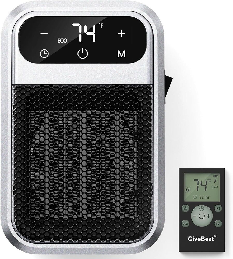 800W Wall Outlet Space Heater w/Remote LED Display Small Plug in Electric Heater