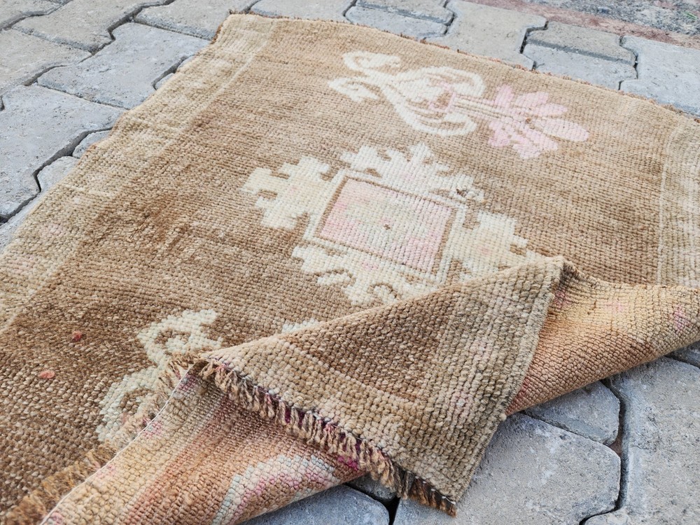 Small Turkish Rug, 2.1x2.5 ft, Brown and Pink, Floral Vintage Wool Rug