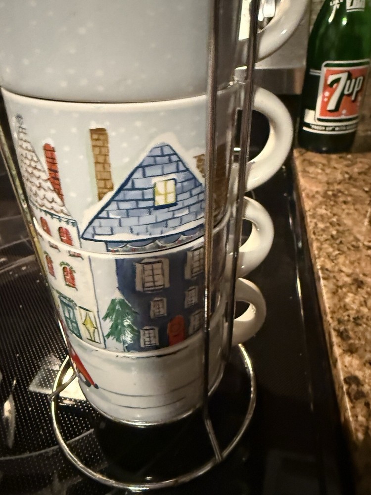Pier 1 Imports Set 4 Stacking Mug Coffee Cocoa Winter Holiday Christmas Stonewar