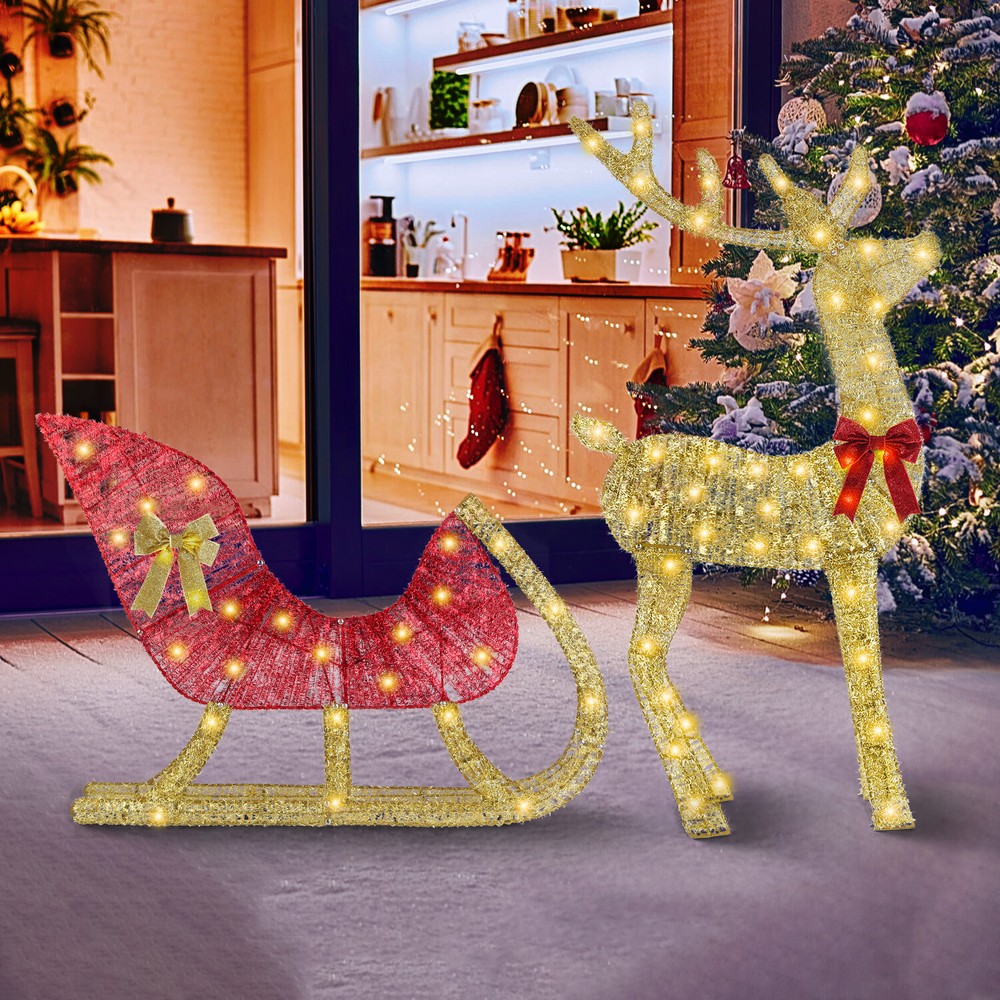 Lighted Christmas Reindeer Sleigh Decoration Indoor Outdoor Display 8 Lighting
