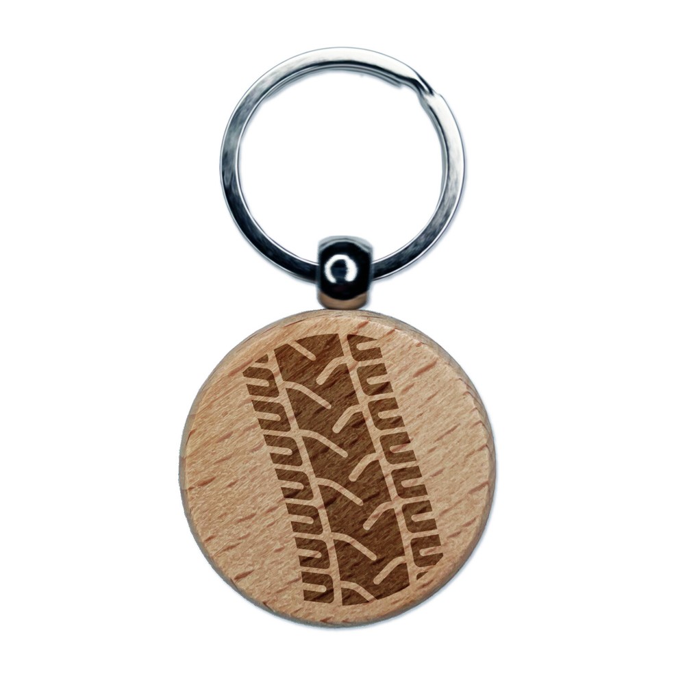 Tire Tread Track Engraved Wood Round Keychain Tag Charm