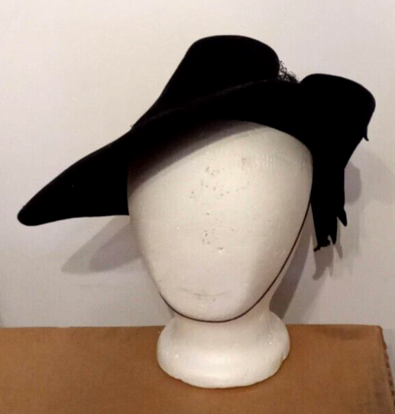 Antique Merrimac Hat Corp Unicorne Hat Victorian Era Black Wool USA Made Womens