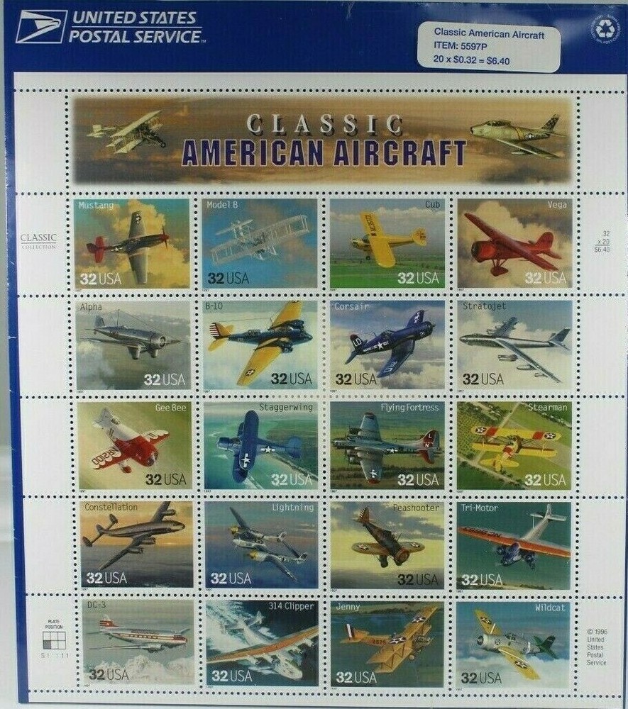 1997 USPS Vintage Classic American Aircraft 32c Sealed Sheet of 20 Postage Stamps