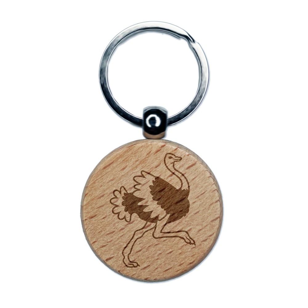Ostrich Running Engraved Wood Round Keychain Tag Charm