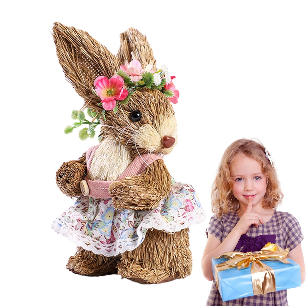 Straw Bunny Shape Figurines Natural Atmosphere Collectible Garden Sculptures