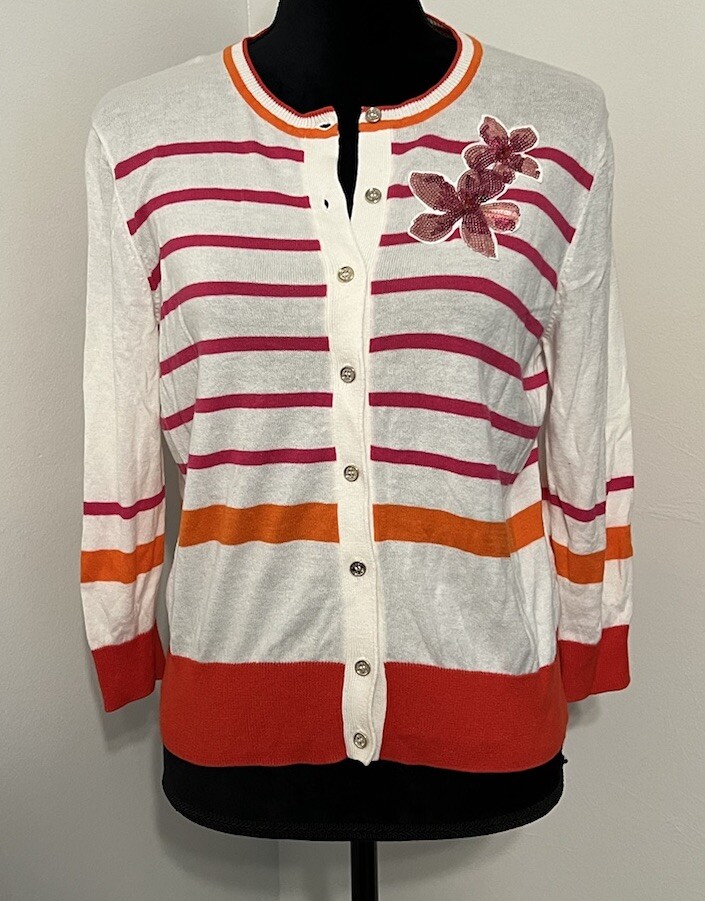 Tommy Hilfiger Womens Striped Embroidered Preppy Cardigan Sweater