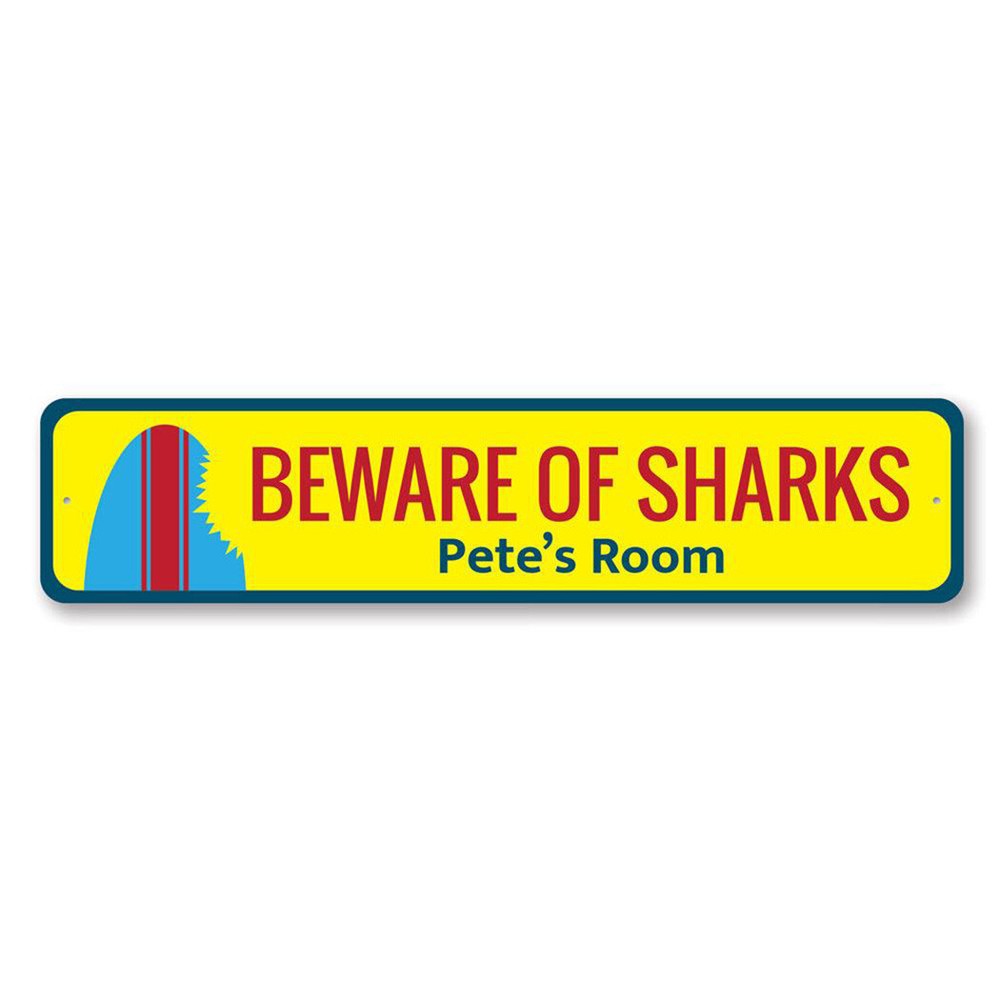 Beware Of Sharks Sign, Custom Surfboard Shark Bite Aluminum Metal Decor Sign