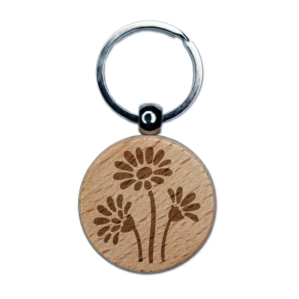 Summer Daisy Trio Engraved Wood Round Keychain Tag Charm