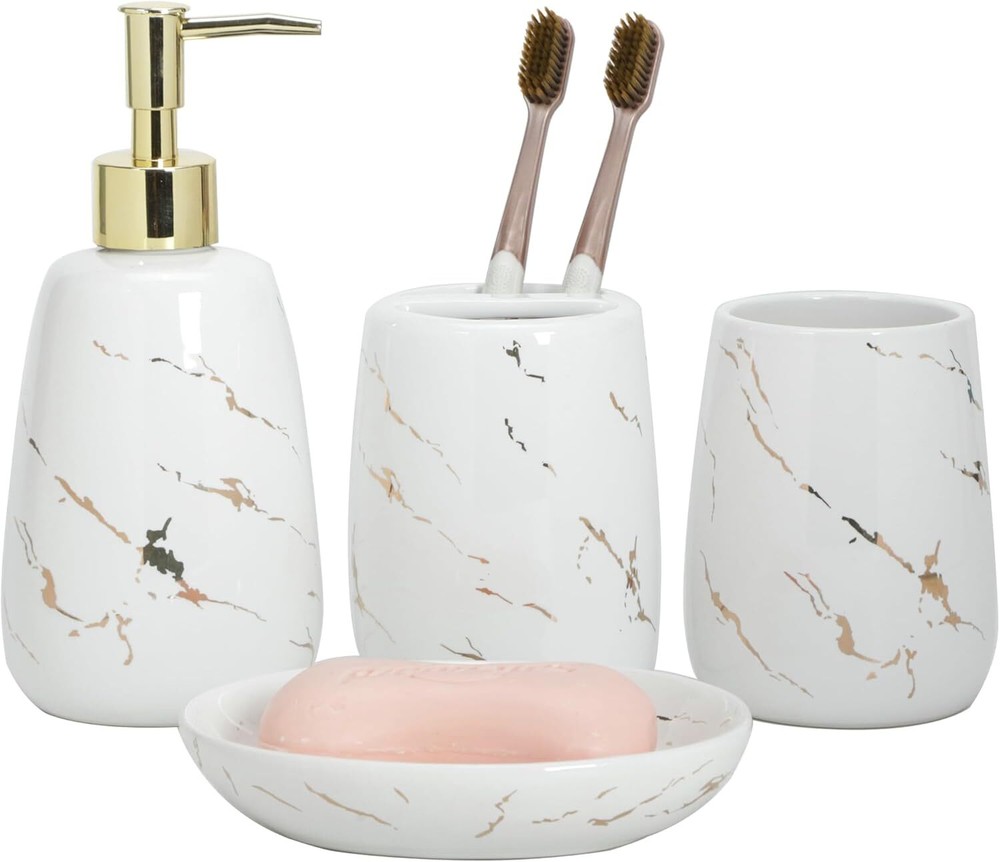Ceramic Bathroom Accessory Set 4 Pieces White with Gold Marble Design