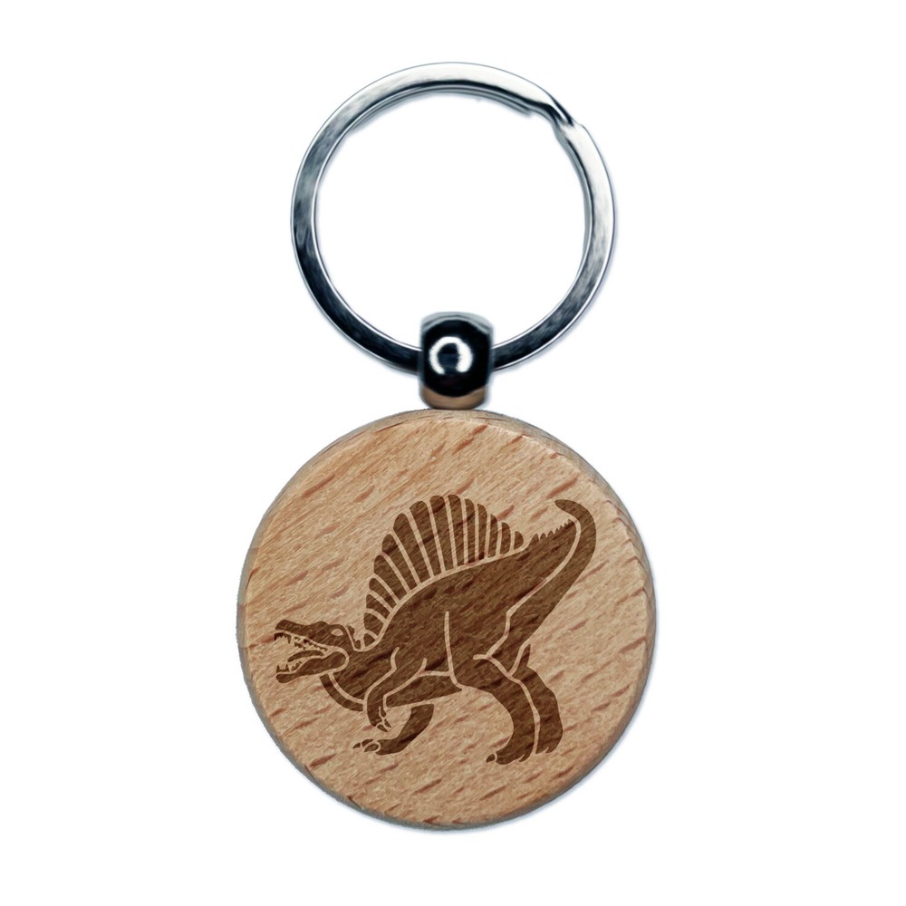 Spinosaurus Dinosaur Engraved Wood Round Keychain Tag Charm