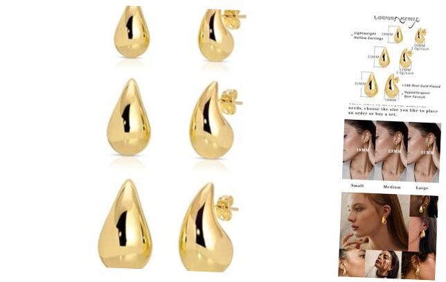 Small Teardrop Gold Chunky Hoop Earrings for Women - 3-Pair Set