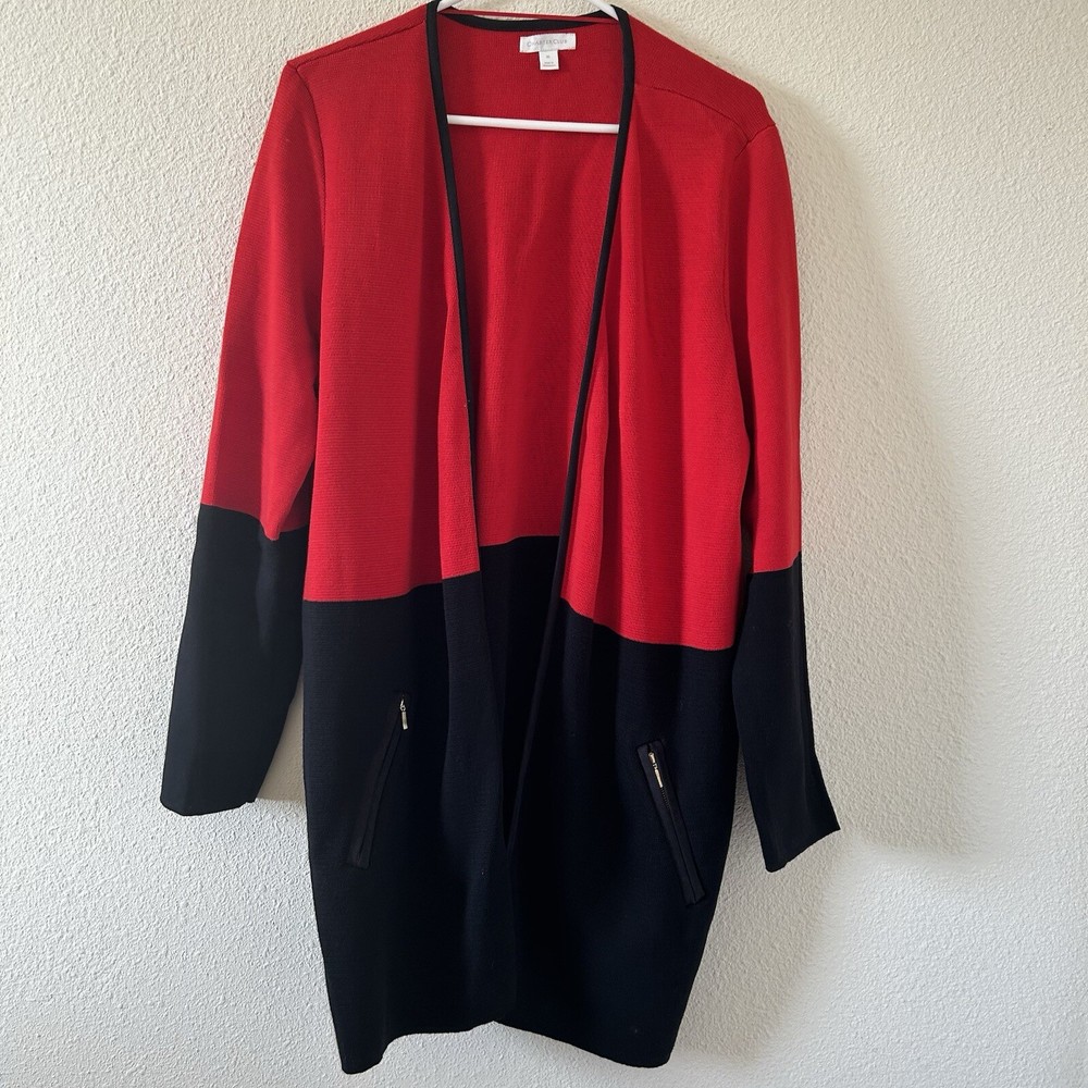 Charter club Women’s Longline Cardigan XL Red Black Dressy Church Work Office