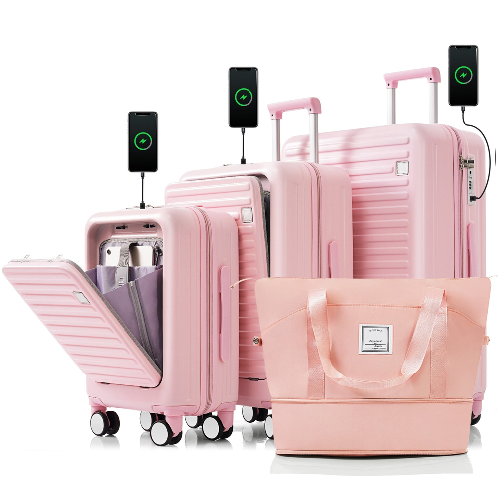Luggage Set of 4 with USB Port, 20, pink