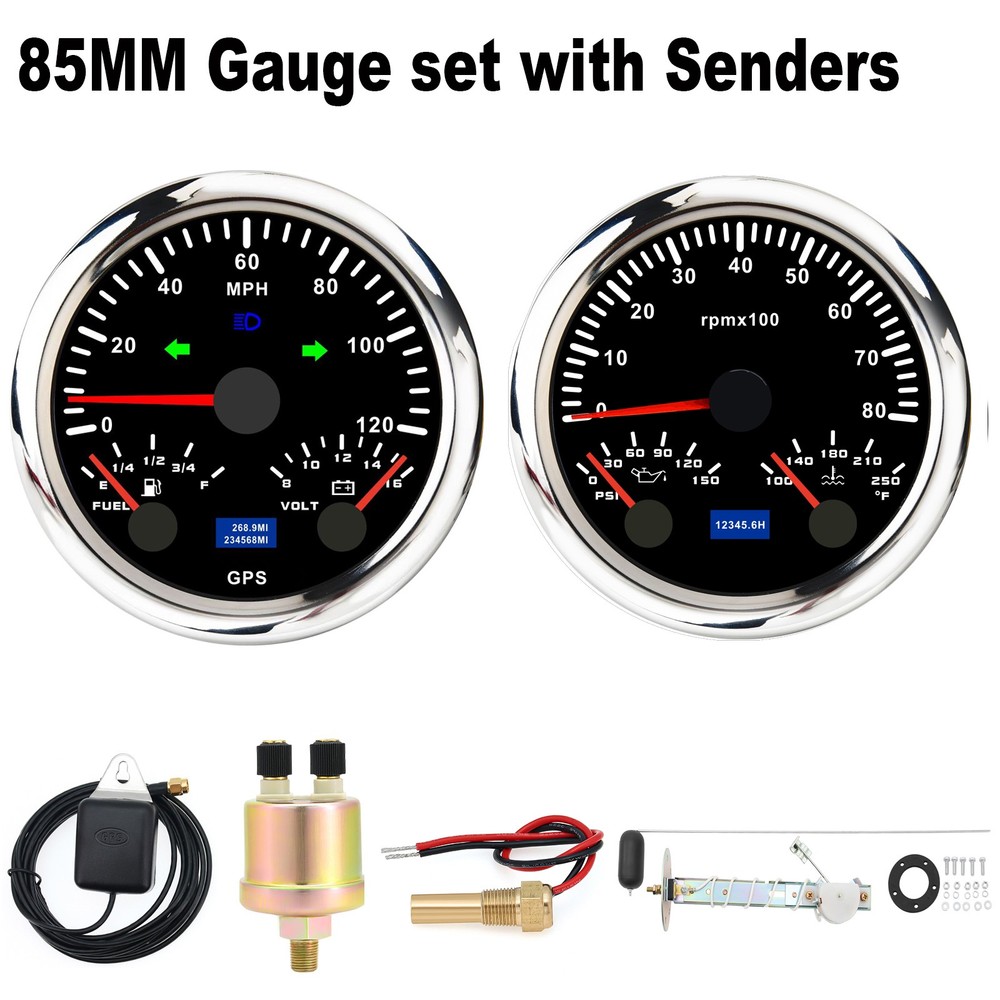85mm GPS Speedometer 0-120MPH with Fuel Gauge Volt Tacho Oil Water Temp Sensors