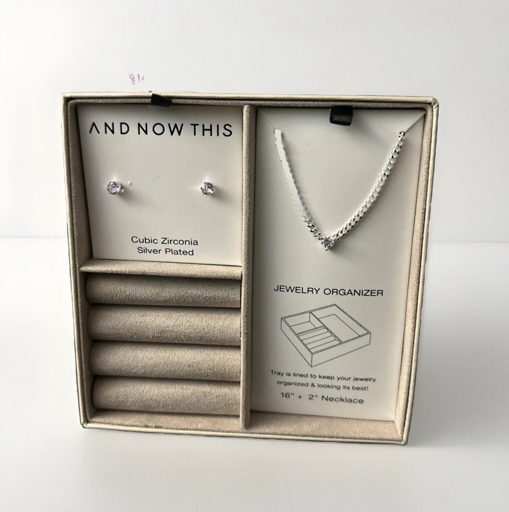 Silver Plated CZ Stud Earrings & Pendant Necklace Set