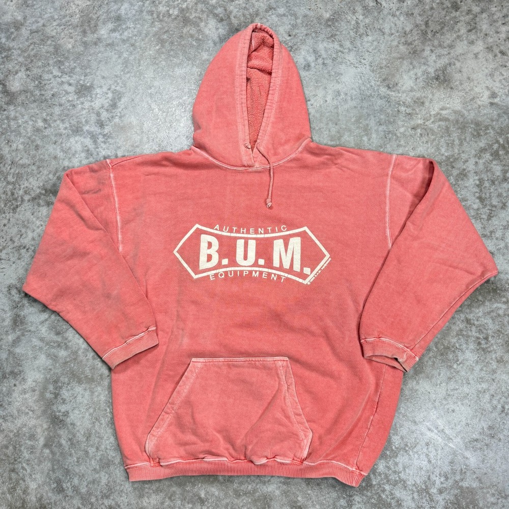 Vintage B.U.M. Equipment 90s Hoodie sweatshirt size Large pink peach distressed