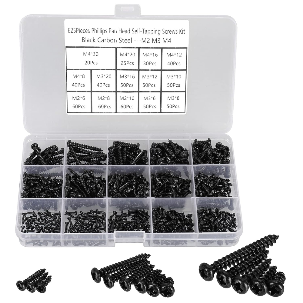 625Pcs M2 M3 M4 Phillips Pan Head Self-Tapping Wood Screws in 14 Sizes