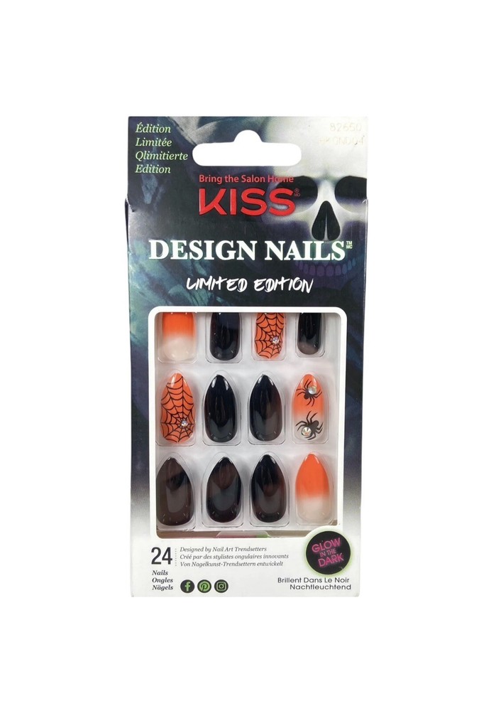 Kiss Halloween Press On Nails Long Almond Black Orange Spider Glue On Manicure