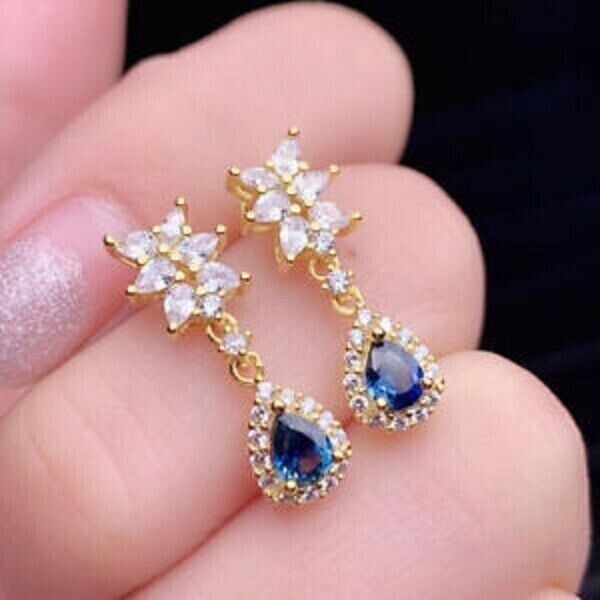2Ct Pear Cut Simulated Sapphire Dangle Earrings in 14K Yellow Gold Plated