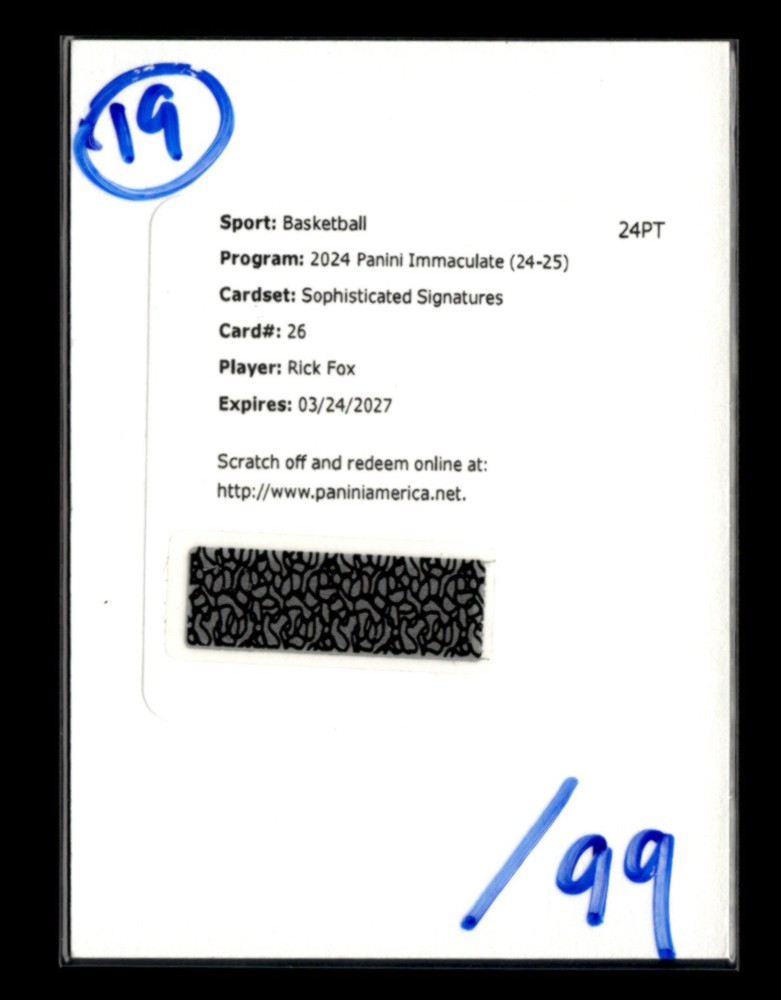 Rick Fox 2024-25 Panini Immaculate Sophisticated Auto /99 Redemption [mty