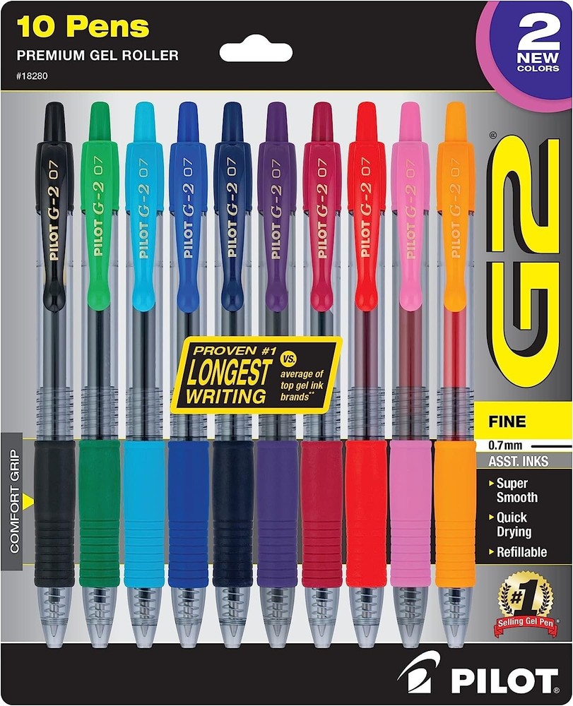 Pilot 18280 G-2 07 Retractable Gel Ink Pens Assorted 10 Pack