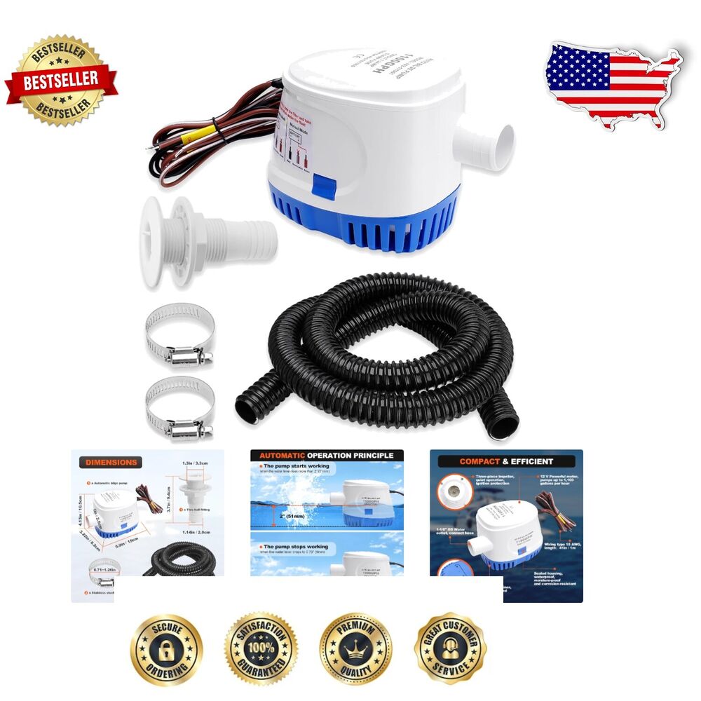 Marine-Grade 1100 GPH Automatic Bilge Pump with Hose & Thru-Hull Fittings