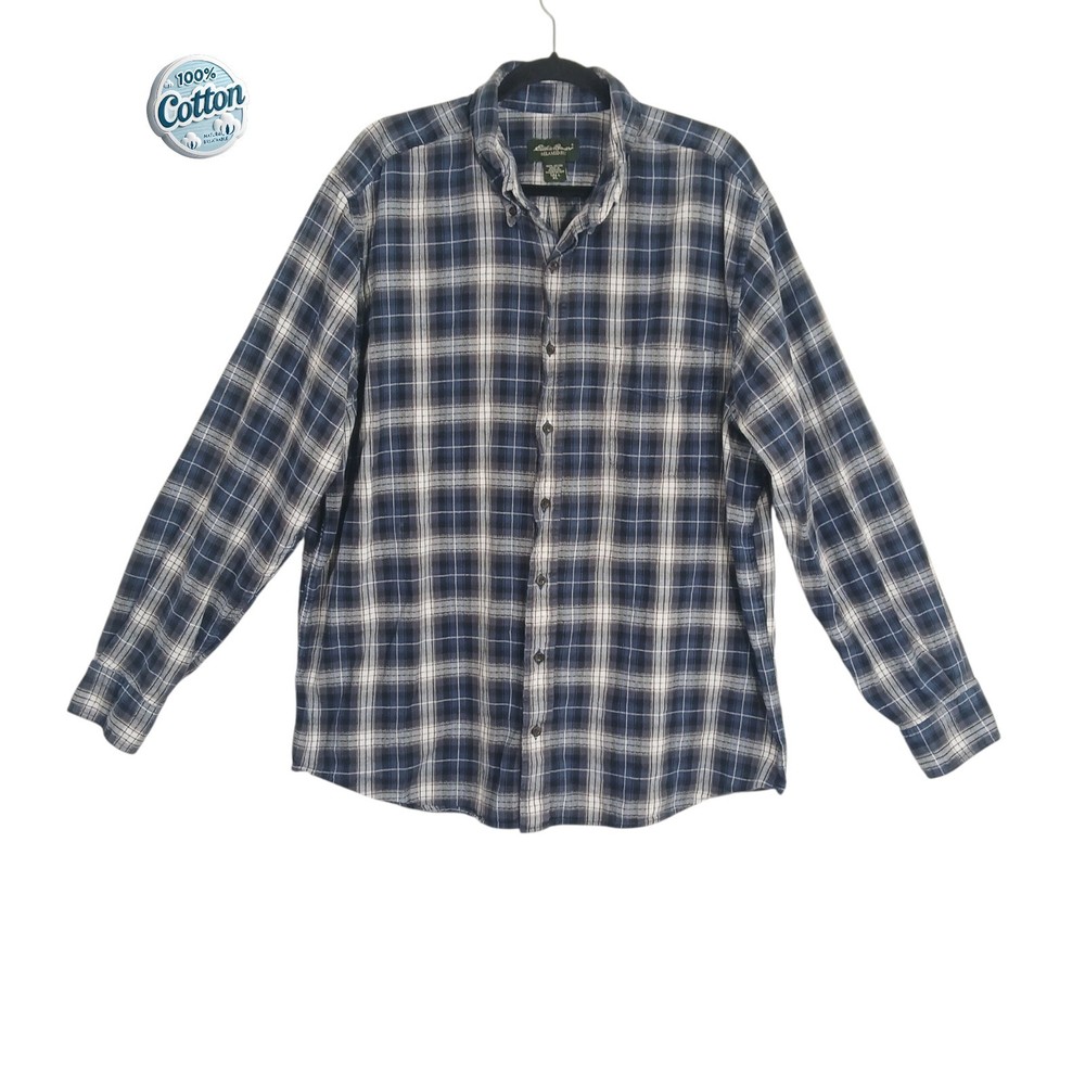Eddie Bauer XL Tall Plaid Flannel Shirt in Blue Cotton Long Sleeve Relaxed Fit
