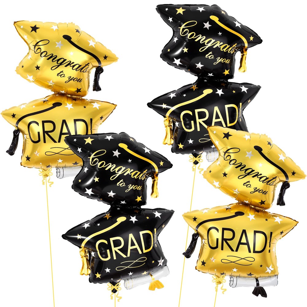 Black and Gold Graduation Hat Balloon 32 Inch Big Pack of 4 Congrats Decor