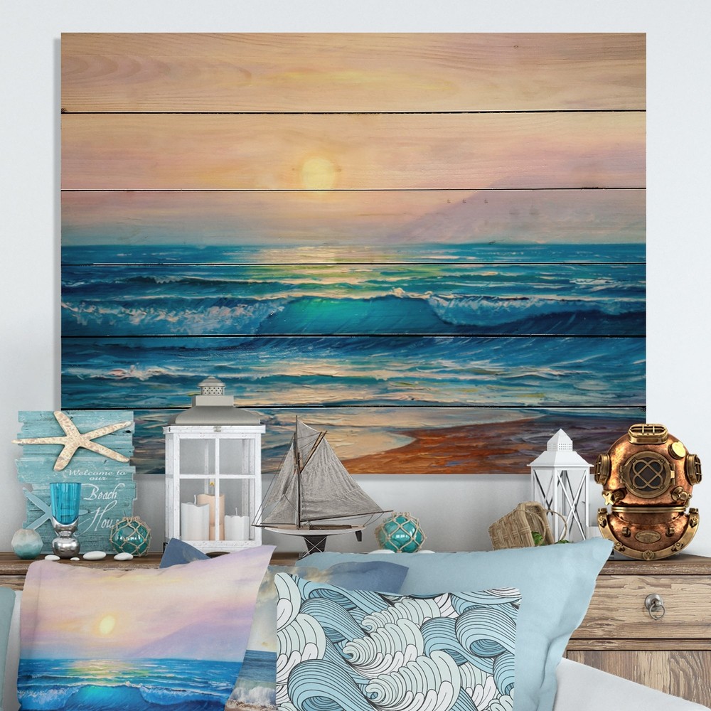 Designart 'Ocean Sunset And Waves' Nautical & Coastal Wood